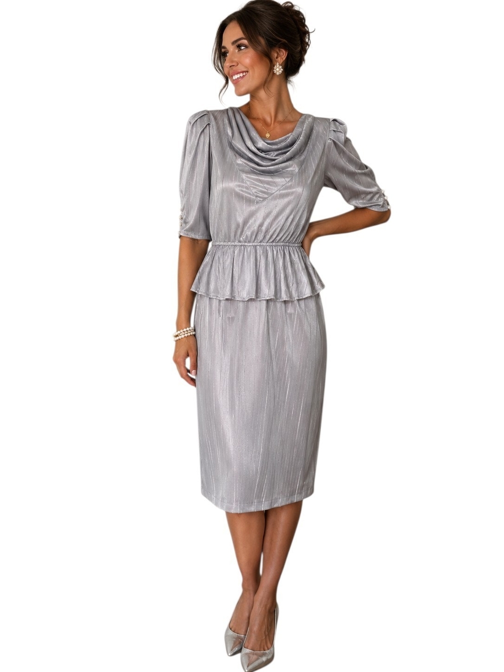 Vintage 80s Jerri Gee New York Silver Peplum Midi Dress Size 5